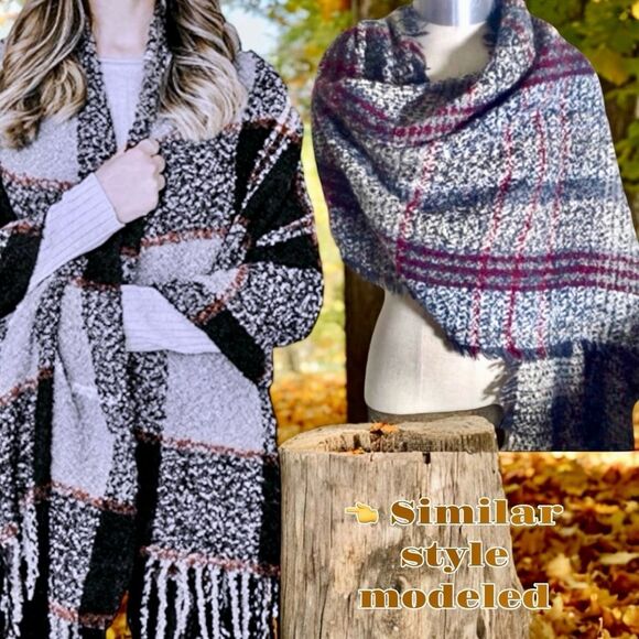 Boho Chunky Plaid Oversized Knit Scarf with Fringe | Cozy Winter Wrap 6’x3’ - Picture 11 of 16